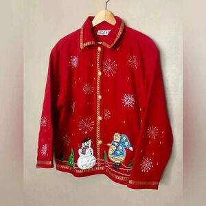 KEREN HART vintage Christmas snowman granny jacket wool blend size L faux Pearls